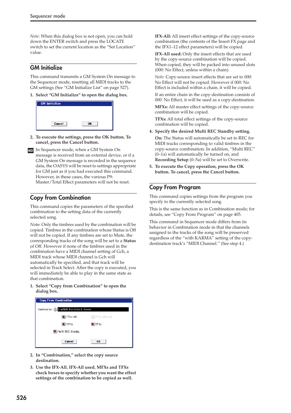 Gm initialize, Copy from combination, Copy from program | For more information, see “gm | KORG Electronic Keyboard User Manual | Page 536 / 1127