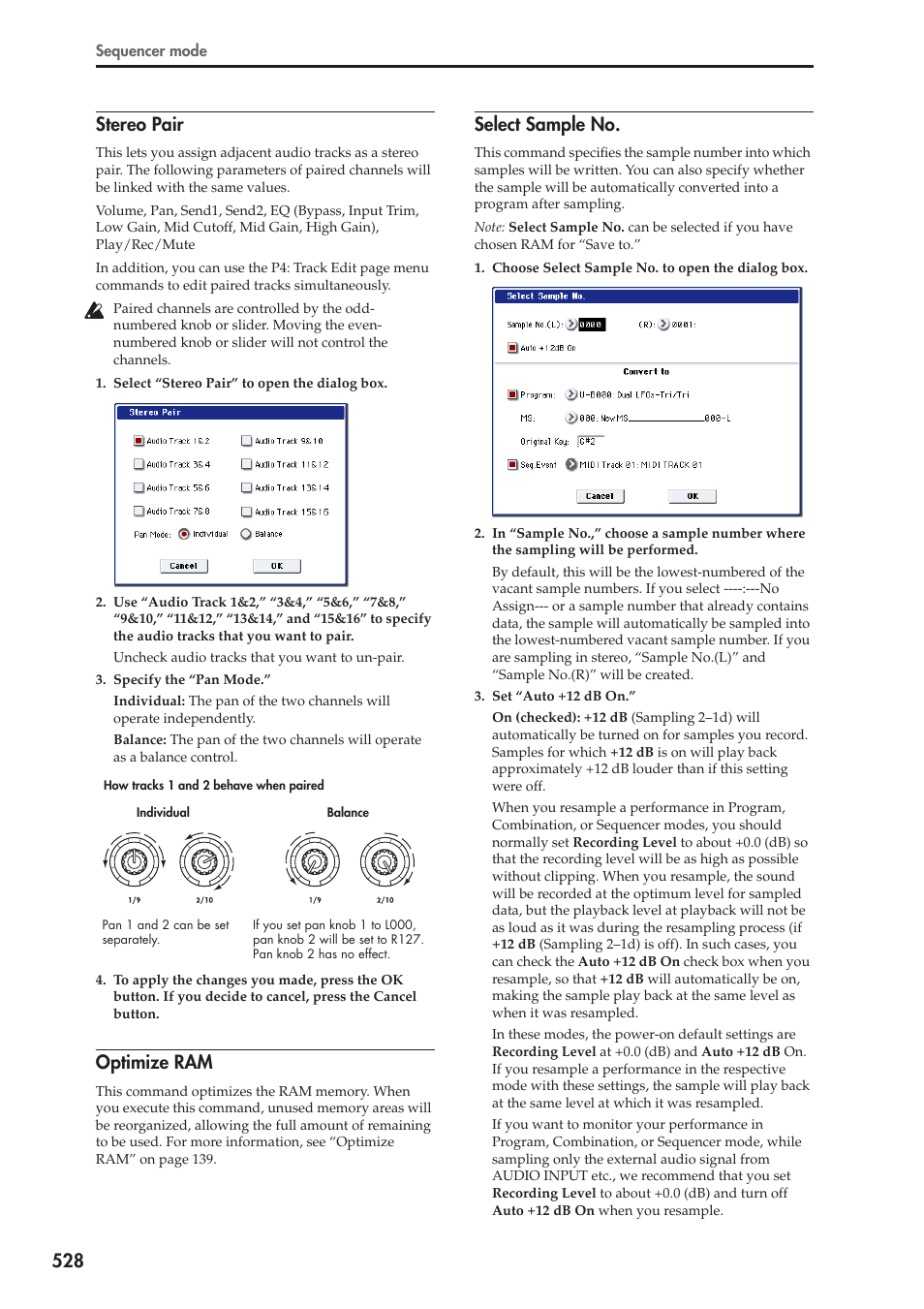 Stereo pair, Optimize ram, Select sample no | For more information, see “stereo, 528 stereo pair | KORG Electronic Keyboard User Manual | Page 538 / 1127