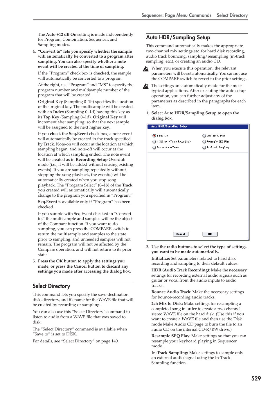 Select directory, Auto hdr/sampling setup | KORG Electronic Keyboard User Manual | Page 539 / 1127