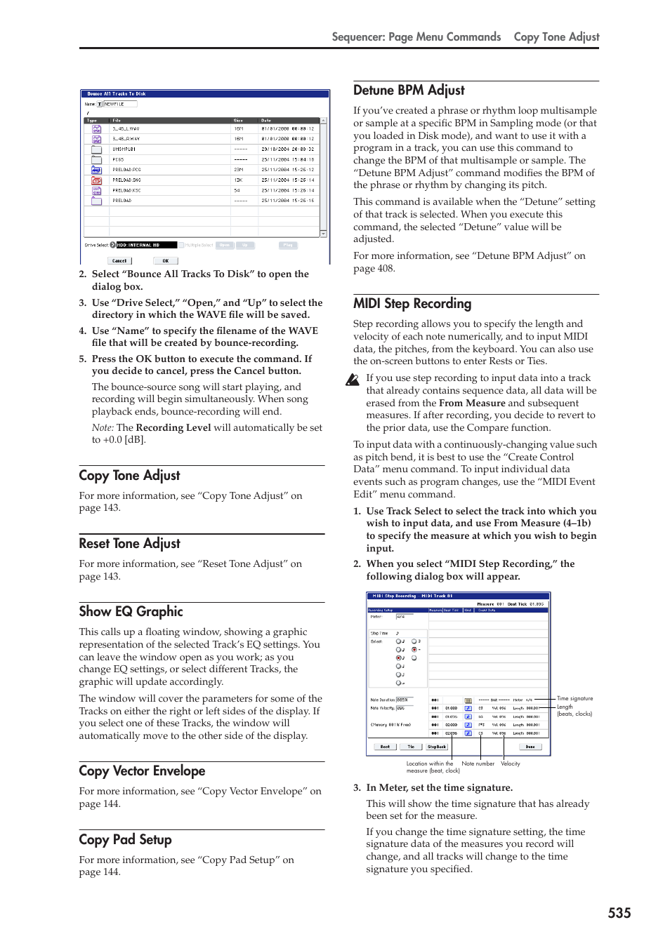 Copy tone adjust, Reset tone adjust, Show eq graphic | Copy vector envelope, Copy pad setup, Detune bpm adjust, Midi step recording | KORG Electronic Keyboard User Manual | Page 545 / 1127