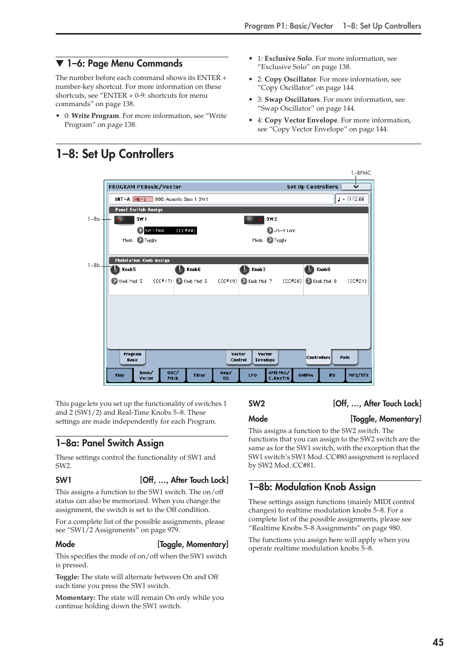 8: set up controllers, 8a: panel switch assign, 8b: modulation knob assign | 1–8: set up controllers, 45 ▼ 1–6: page menu commands, 1–8a: panel switch assign, 1–8b: modulation knob assign | KORG Electronic Keyboard User Manual | Page 55 / 1127