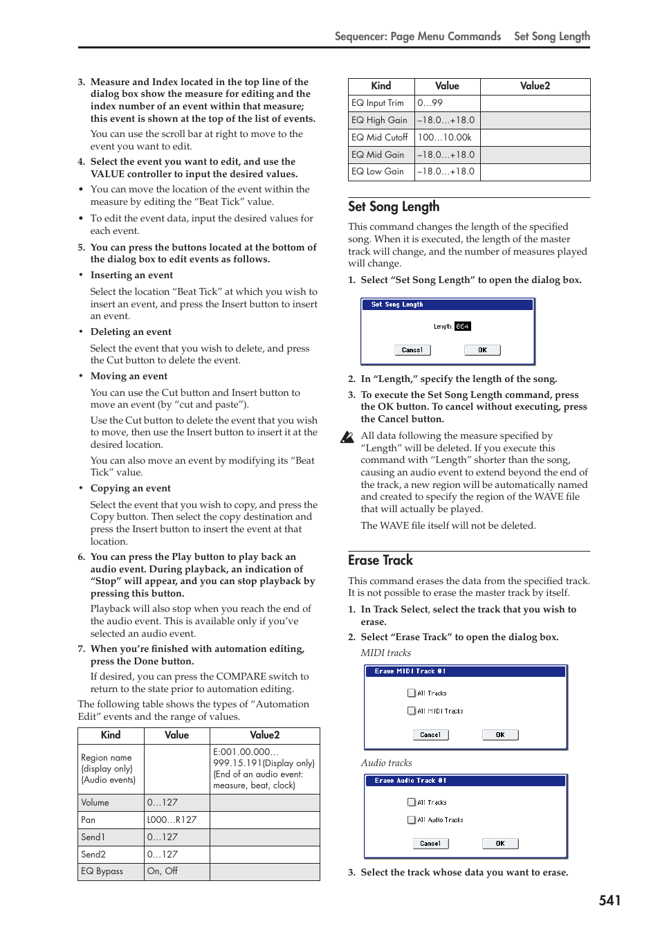 Set song length, Erase track, For more information, see “set | For more information, see “erase | KORG Electronic Keyboard User Manual | Page 551 / 1127