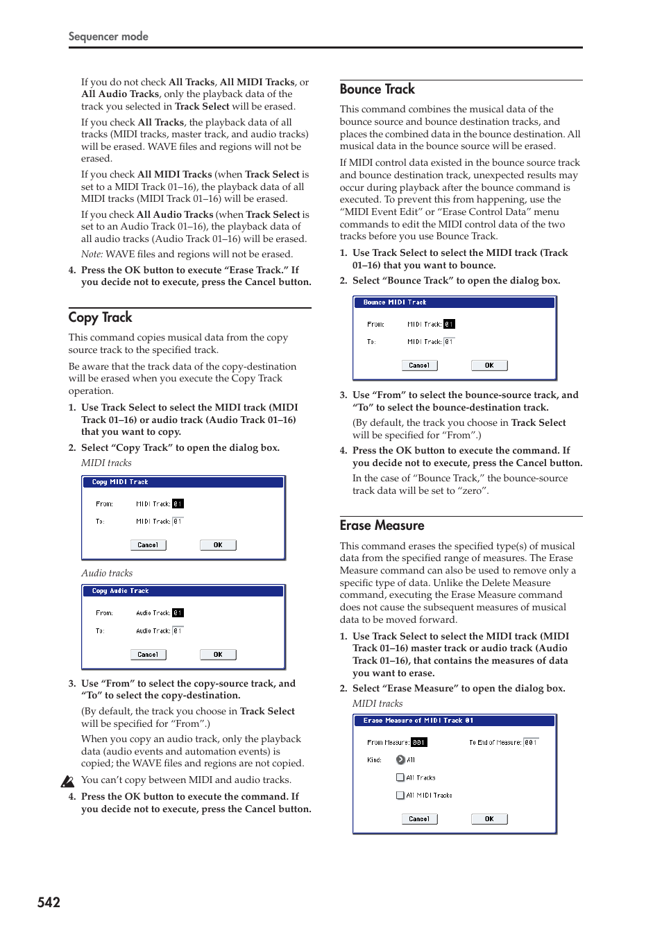 Copy track, Bounce track, Erase measure | For more information, see “copy, For more information, see “erase | KORG Electronic Keyboard User Manual | Page 552 / 1127