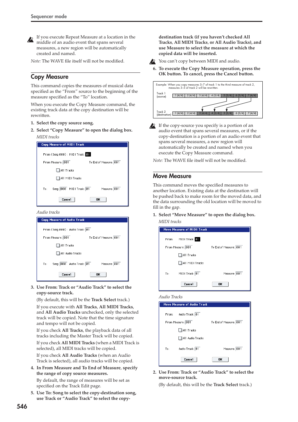 Copy measure, Move measure, Sequencer mode | KORG Electronic Keyboard User Manual | Page 556 / 1127