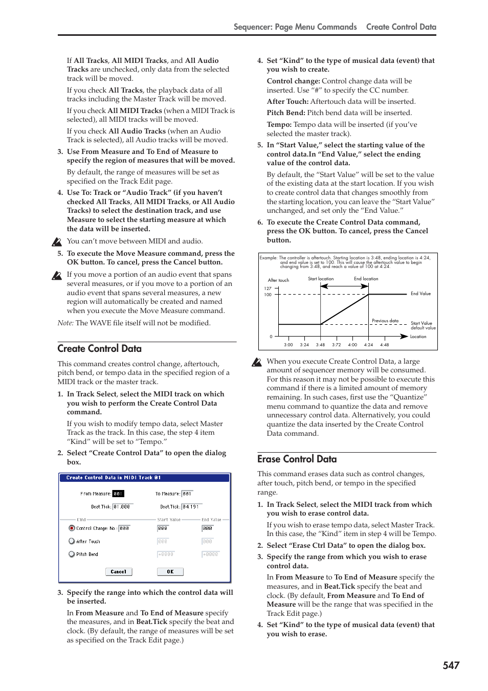 Create control data, Erase control data, Sequencer: page menu commands create control data | KORG Electronic Keyboard User Manual | Page 557 / 1127