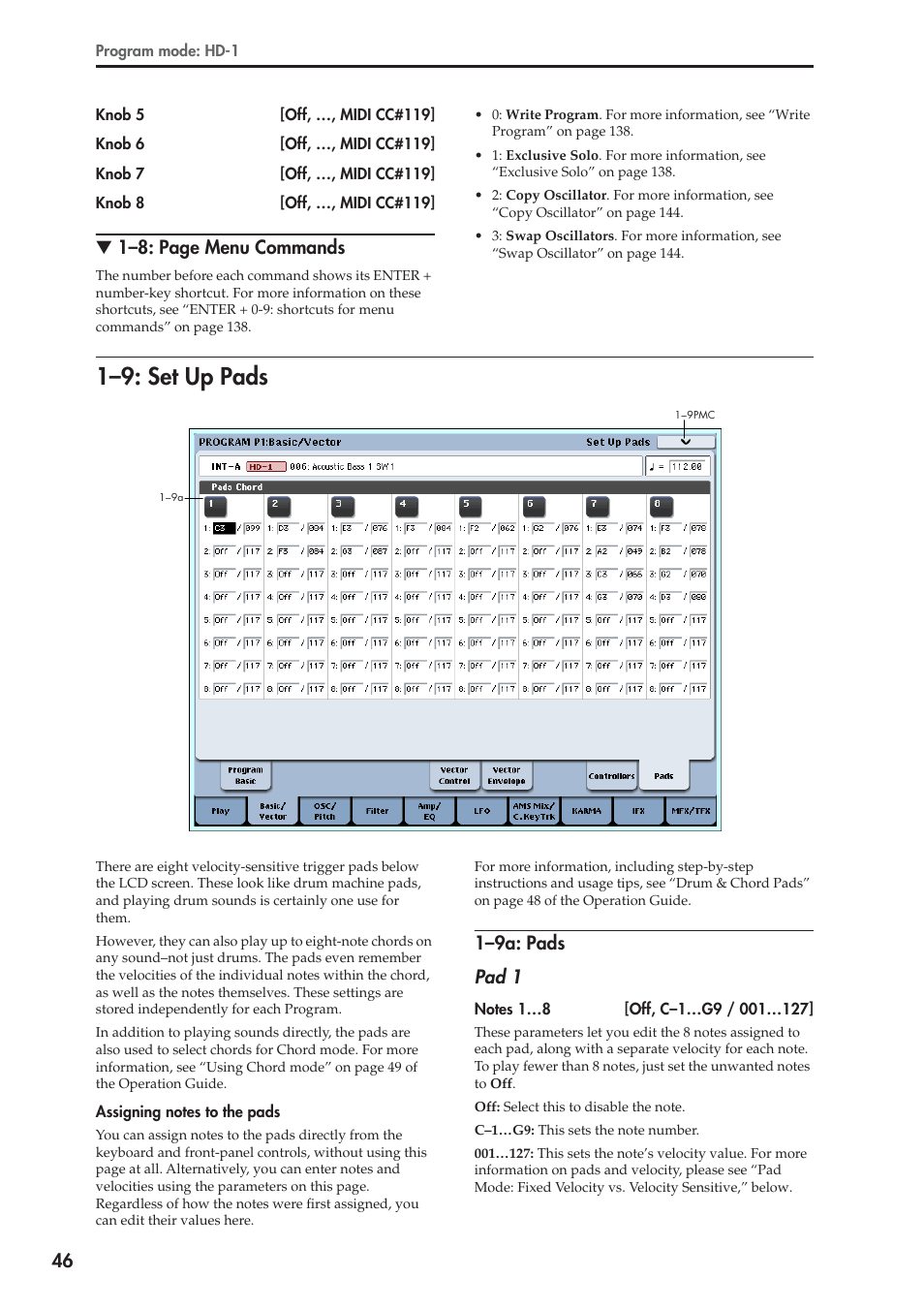9: set up pads, 9a: pads, 1–9: set up pads | 1–8: page menu commands, 1–9a: pads pad 1 | KORG Electronic Keyboard User Manual | Page 56 / 1127