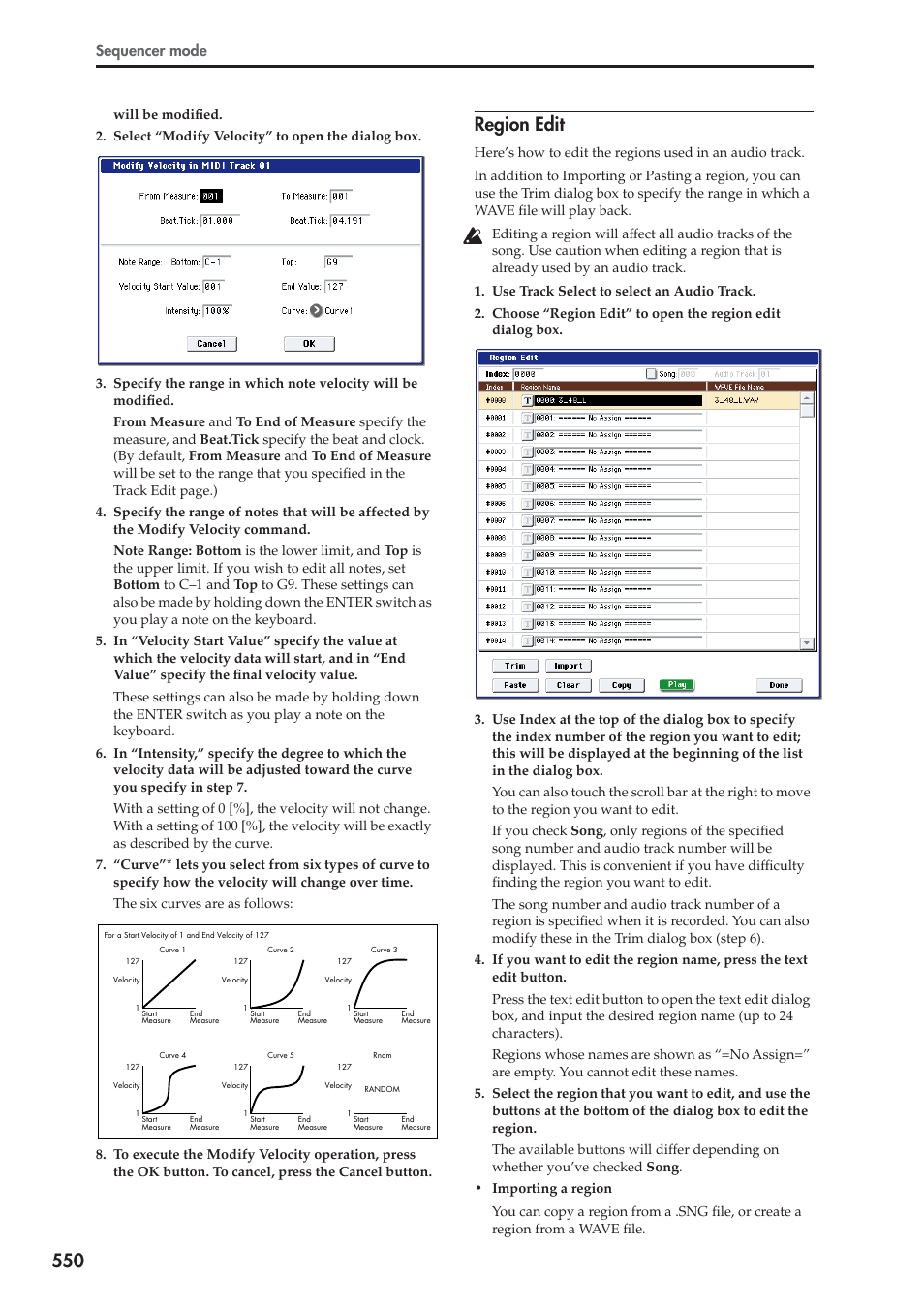 Region edit, For more information, see “region, Sequencer mode | KORG Electronic Keyboard User Manual | Page 560 / 1127