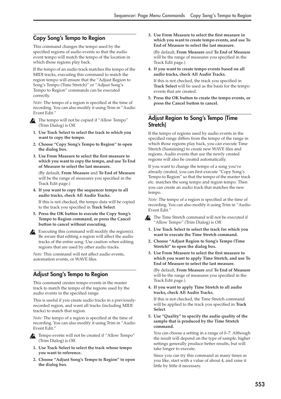 Copy song’s tempo to region, Adjust song’s tempo to region, Adjust region to song’s tempo (time stretch) | 553 copy song’s tempo to region | KORG Electronic Keyboard User Manual | Page 563 / 1127