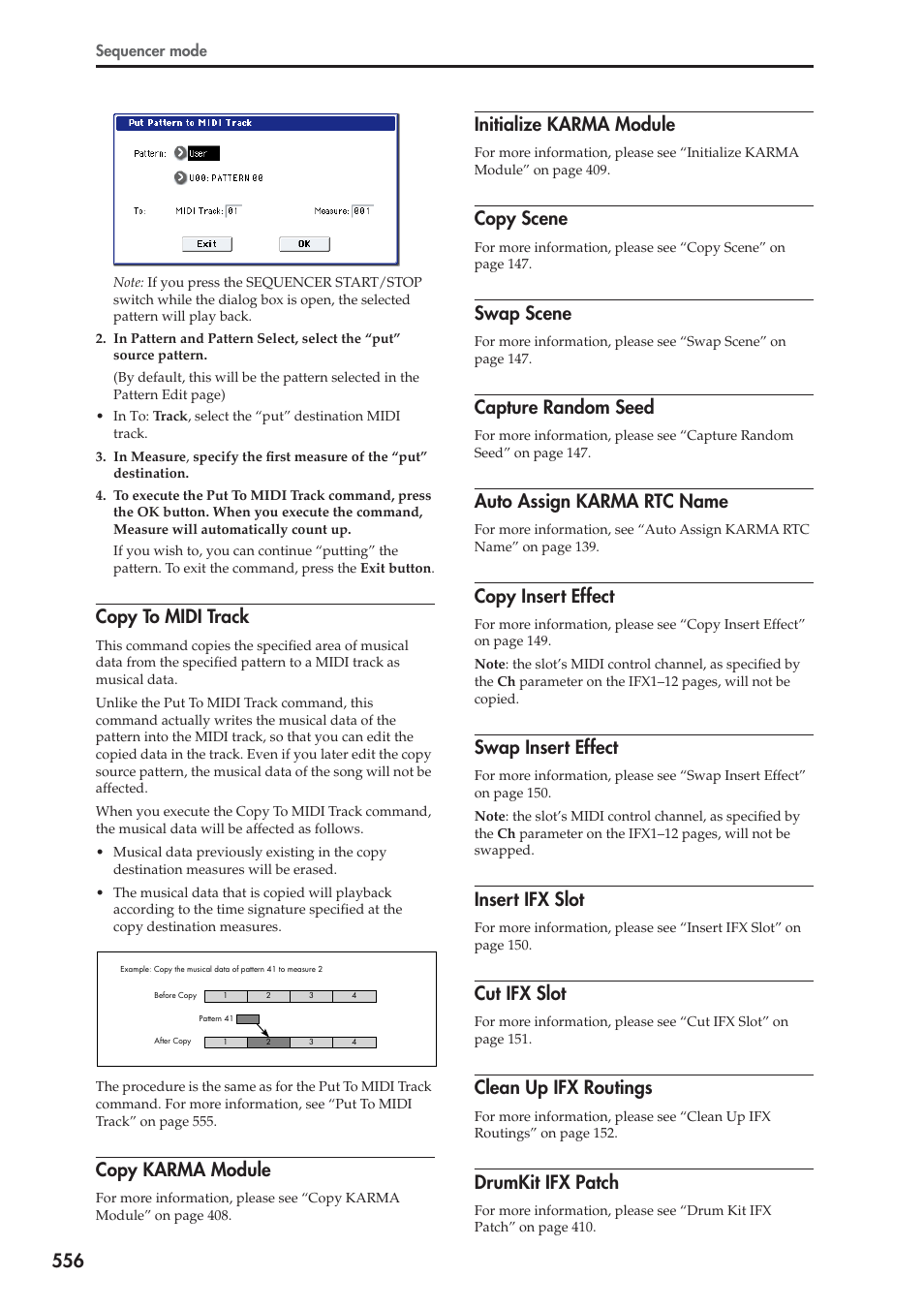 Copy to midi track, Copy karma module, Initialize karma module | Copy scene, Swap scene, Capture random seed, Auto assign karma rtc name, Copy insert effect, Swap insert effect, Insert ifx slot | KORG Electronic Keyboard User Manual | Page 566 / 1127