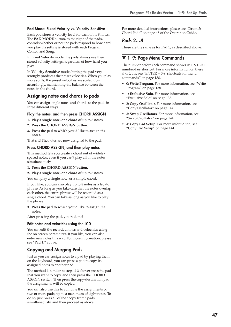 Assigning notes and chords to pads, Copying and merging pads, Pads 2…8 | 1–9: page menu commands | KORG Electronic Keyboard User Manual | Page 57 / 1127