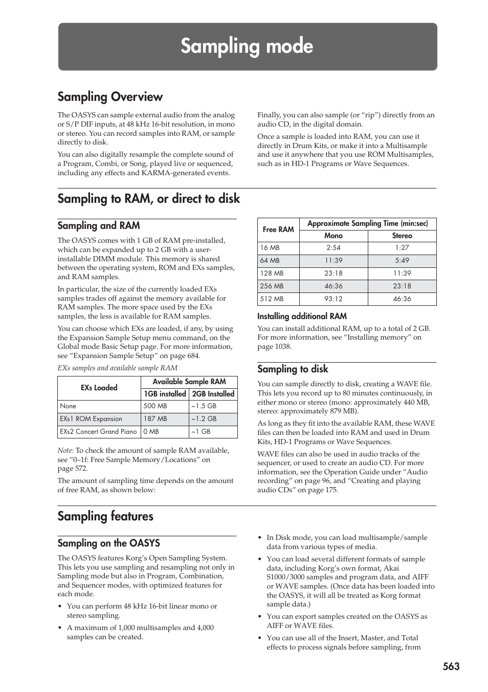 Sampling mode, Sampling overview, Sampling to ram, or direct to disk | Sampling and ram, Sampling to disk, Sampling features, Sampling on the oasys | KORG Electronic Keyboard User Manual | Page 573 / 1127