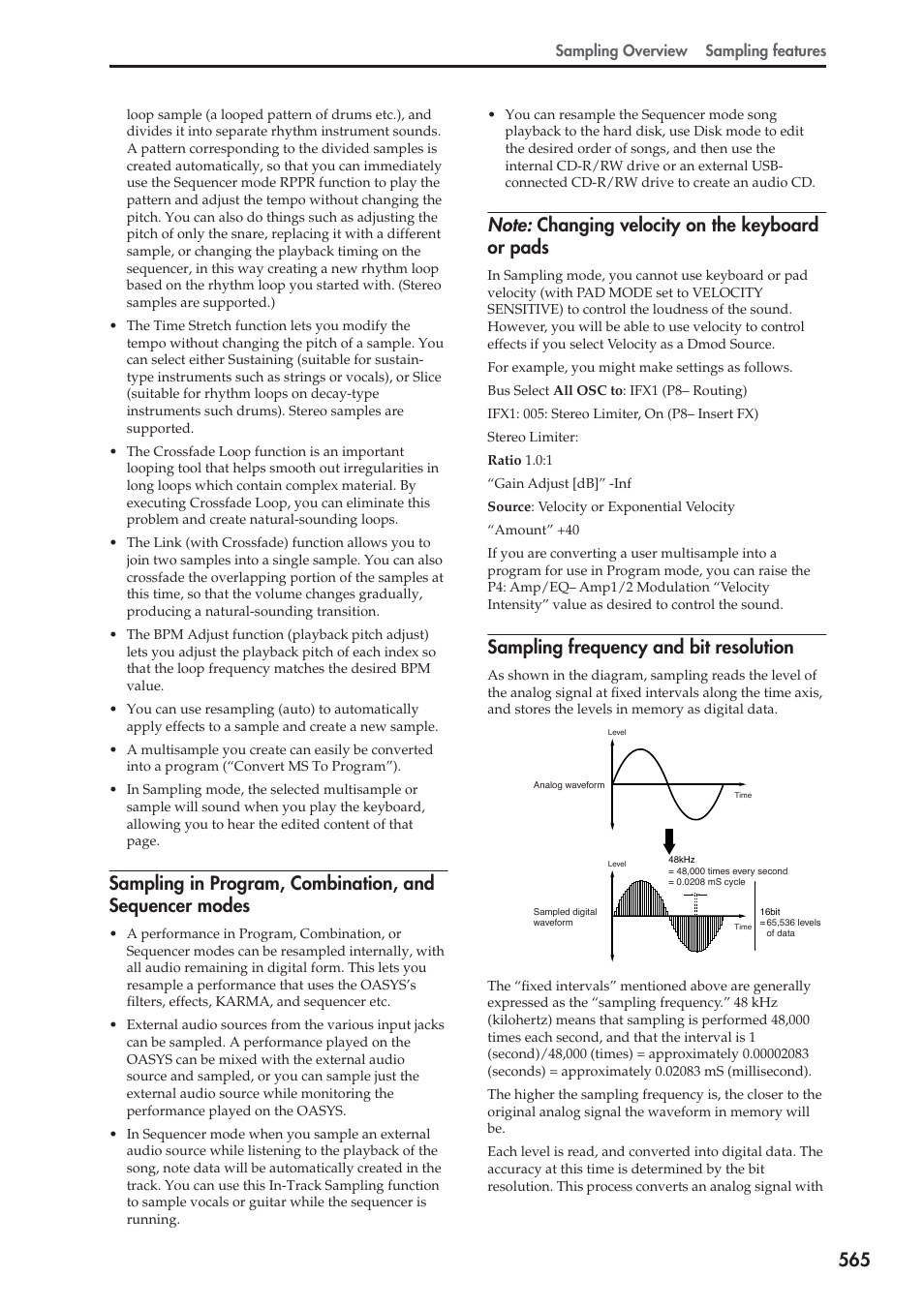 Note: changing velocity on the keyboard or pads, Sampling frequency and bit resolution | KORG Electronic Keyboard User Manual | Page 575 / 1127