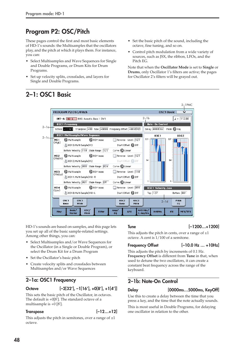 Program p2: osc/pitch, 1: osc1 basic, 1a: osc1 frequency | 1b: note-on control, 2–1: osc1 basic, 2–1a: osc1 frequency | KORG Electronic Keyboard User Manual | Page 58 / 1127