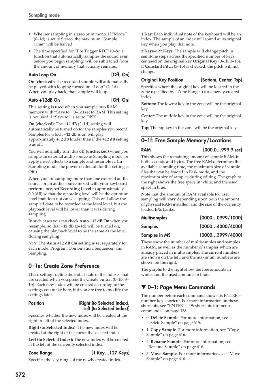 1e: create zone preference, 1f: free sample memory/locations, 0–1e: create zone preference | 0–1: page menu commands | KORG Electronic Keyboard User Manual | Page 582 / 1127