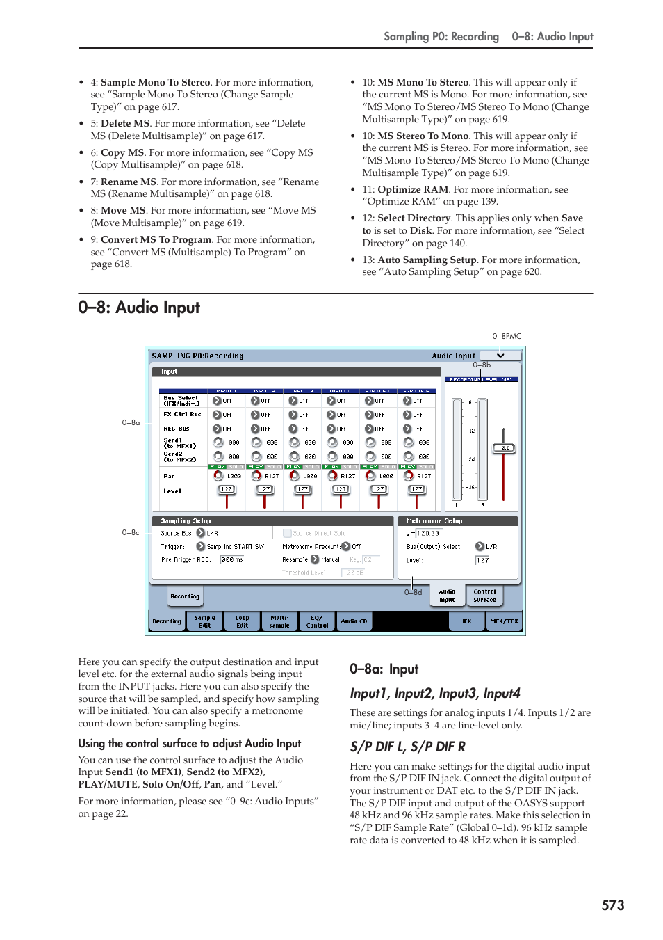 8: audio input, 8a: input, 0–8: audio input | S/p dif l, s/p dif r | KORG Electronic Keyboard User Manual | Page 583 / 1127