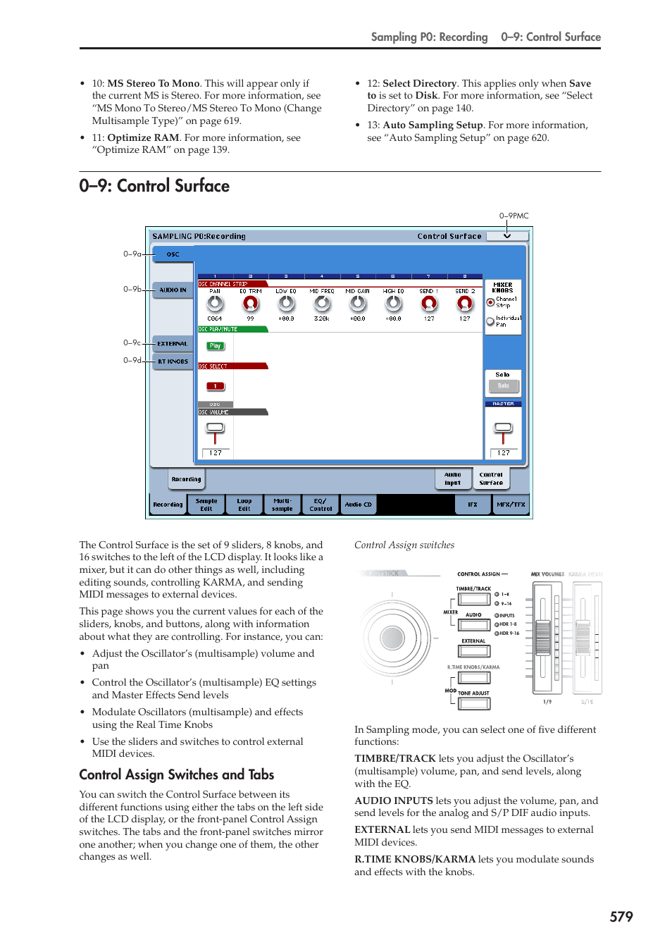 9: control surface, Control assign switches and tabs, 0–9: control surface | KORG Electronic Keyboard User Manual | Page 589 / 1127