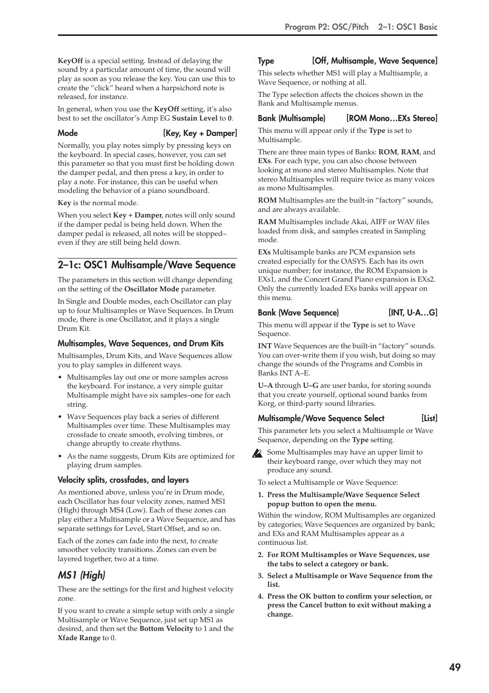 1c: osc1 multisample/wave sequence, 2–1c: osc1 multisample/wave sequence, Ms1 (high) | KORG Electronic Keyboard User Manual | Page 59 / 1127