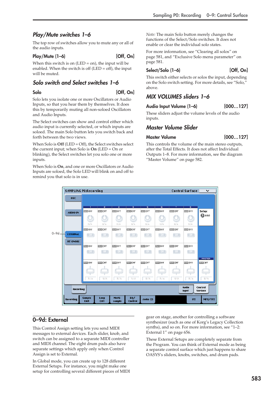 9d: external, Solo switch and select switches 1–6, Mix volumes sliders 1–6 | Master volume slider, 0–9d: external | KORG Electronic Keyboard User Manual | Page 593 / 1127