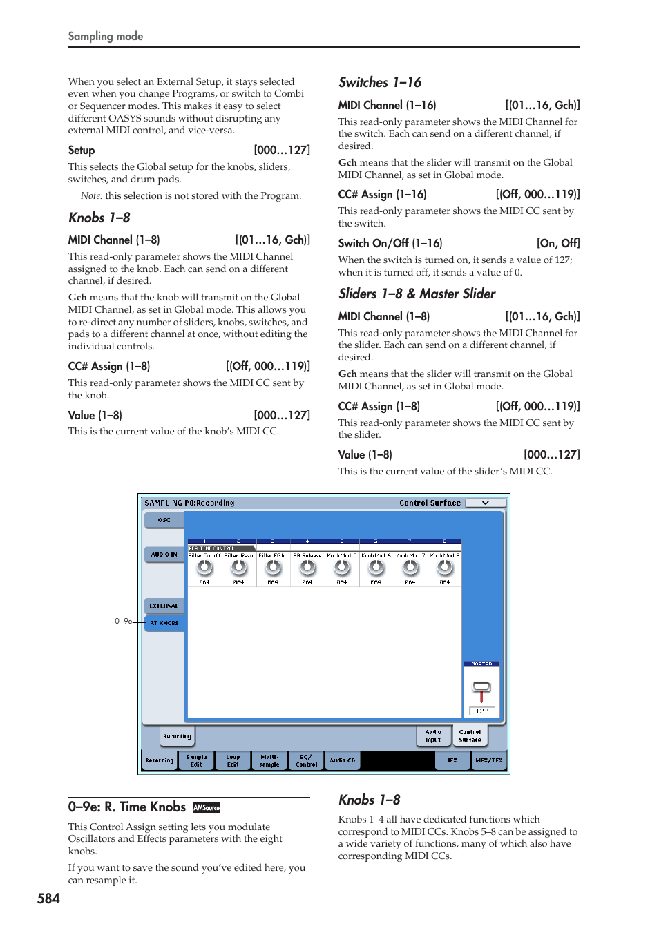 9e: r. time knobs, Knobs 1–8, Switches 1–16 | Sliders 1–8 & master slider, 0–9e: r. time knobs | KORG Electronic Keyboard User Manual | Page 594 / 1127