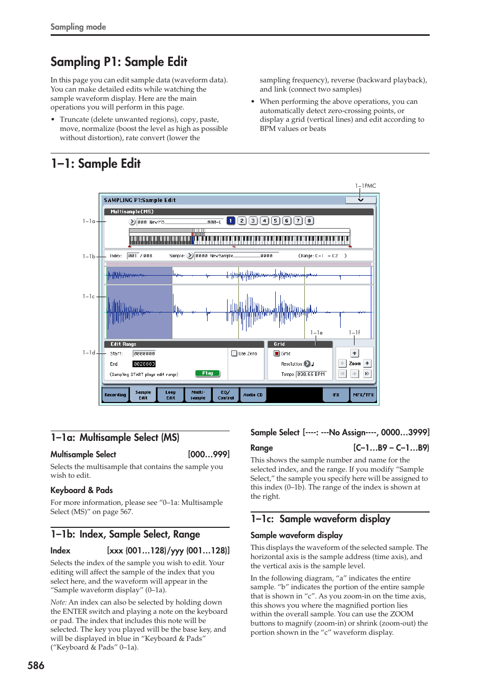 Sampling p1: sample edit, 1: sample edit, 1a: multisample select (ms) | 1b: index, sample select, range, 1c: sample waveform display, 1–1: sample edit, 1–1a: multisample select (ms), 1–1b: index, sample select, range, 1–1c: sample waveform display | KORG Electronic Keyboard User Manual | Page 596 / 1127