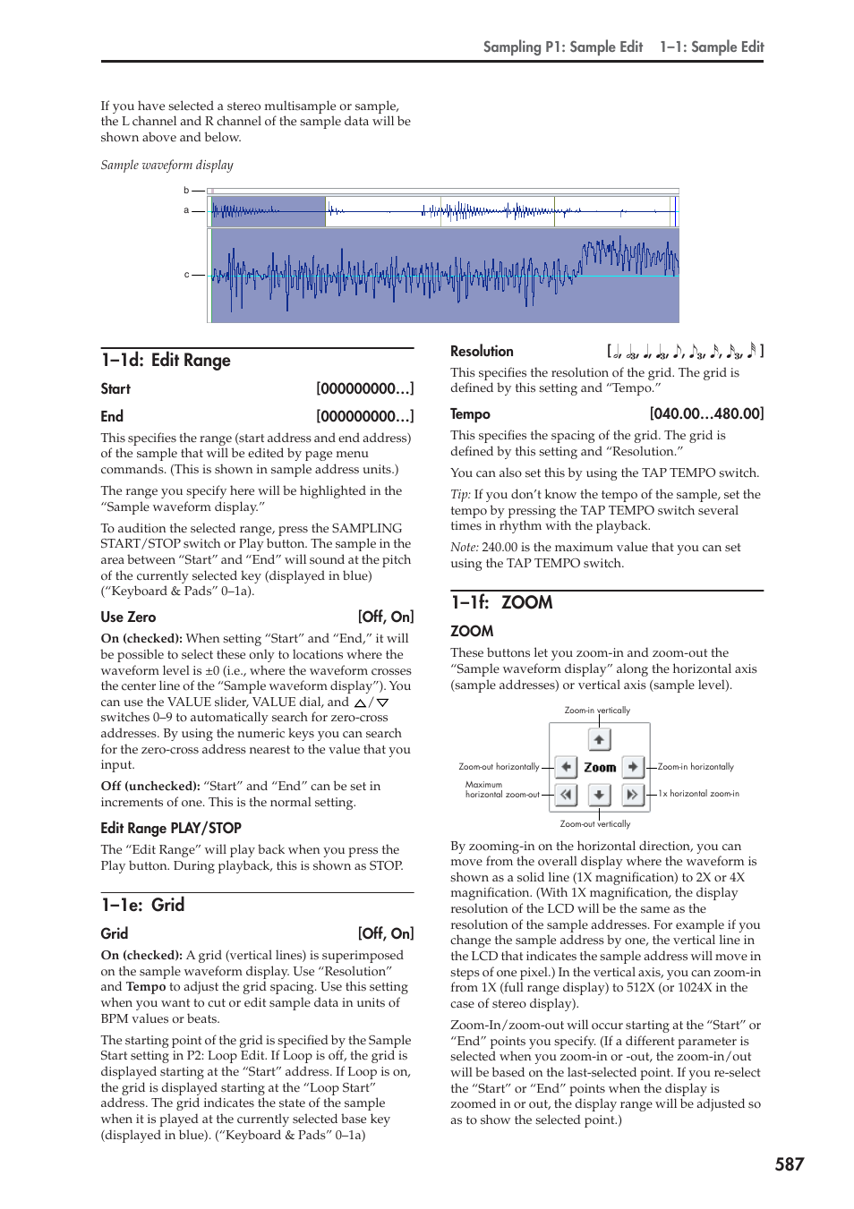 1d: edit range, 1e: grid, 1f: zoom | 1–1d: edit range, 1–1e: grid, 1–1f: zoom | KORG Electronic Keyboard User Manual | Page 597 / 1127