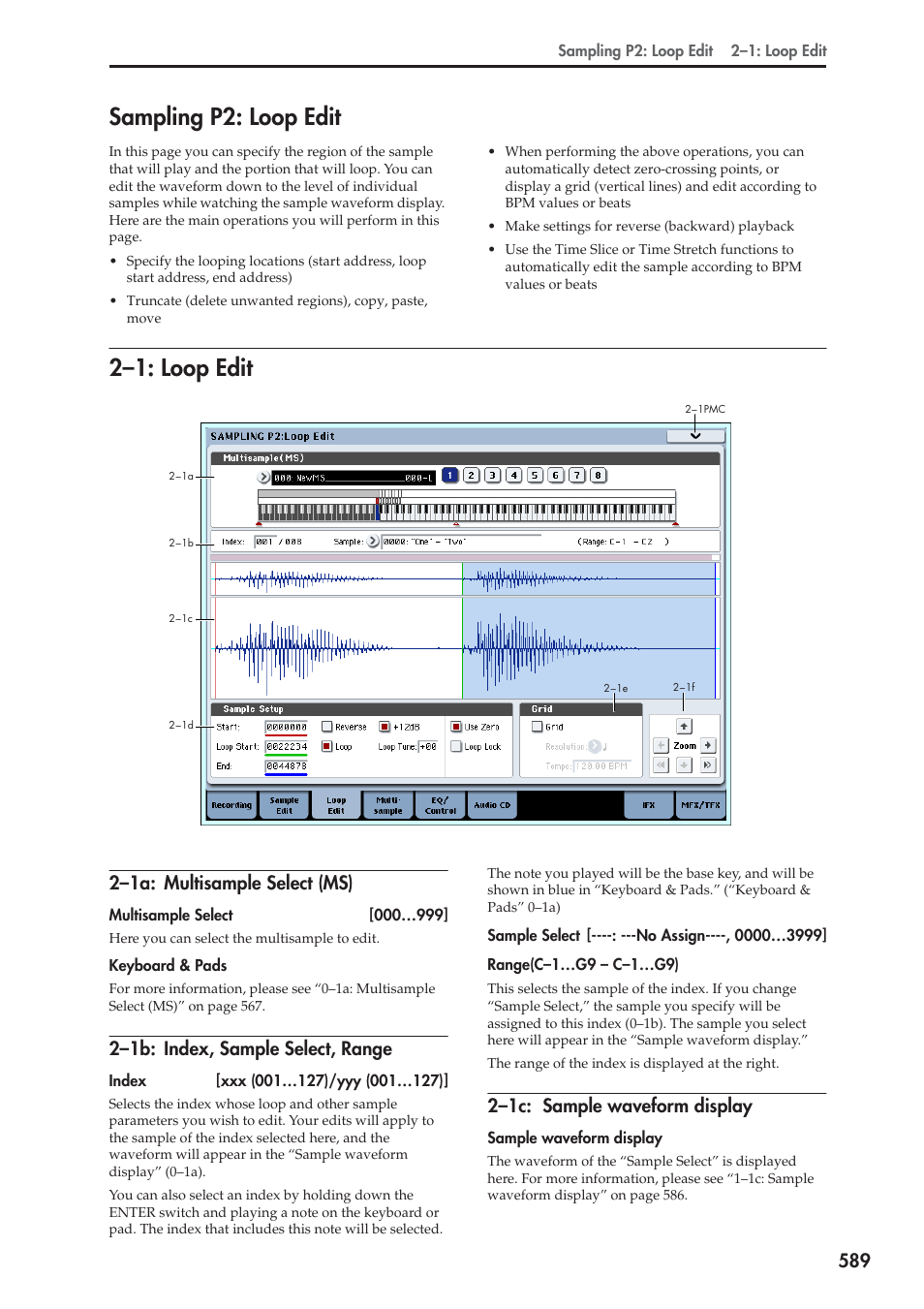 Sampling p2: loop edit, 1: loop edit, 1a: multisample select (ms) | 1b: index, sample select, range, 1c: sample waveform display, 2–1: loop edit, 2–1a: multisample select (ms), 2–1b: index, sample select, range, 2–1c: sample waveform display | KORG Electronic Keyboard User Manual | Page 599 / 1127