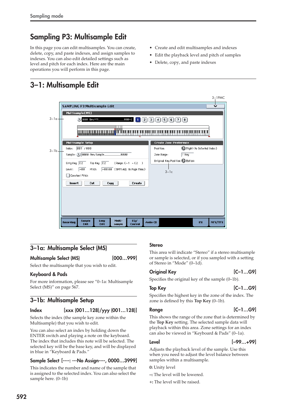 Sampling p3: multisample edit, 1: multisample edit, 1a: multisample select (ms) | 1b: multisample setup, 3–1: multisample edit, 3–1a: multisample select (ms), 3–1b: multisample setup | KORG Electronic Keyboard User Manual | Page 602 / 1127