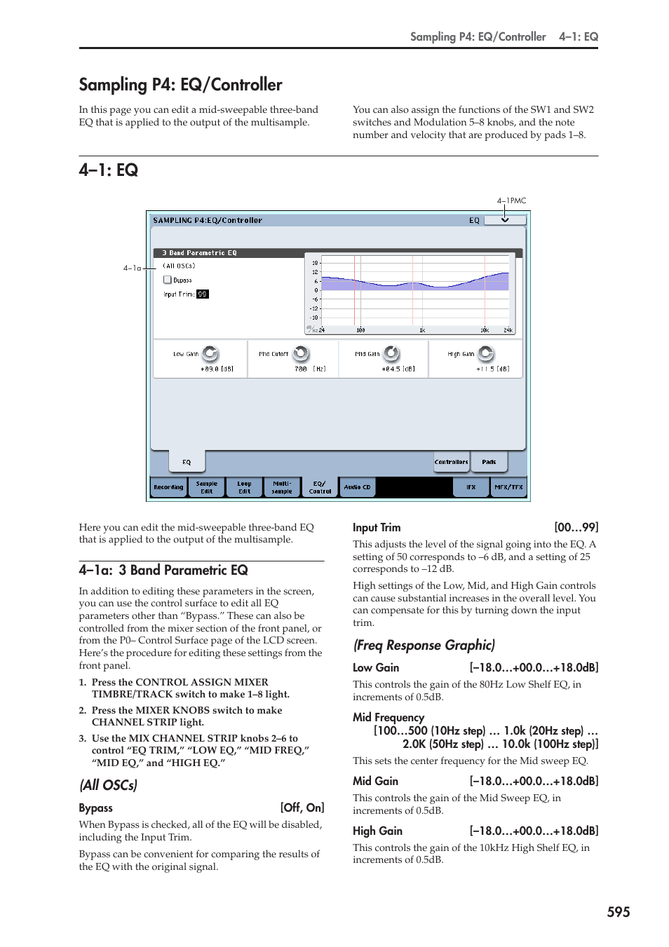 Sampling p4: eq/controller, 1: eq, 1a: 3 band parametric eq | 4–1: eq, 4–1a: 3 band parametric eq, All oscs), Freq response graphic) | KORG Electronic Keyboard User Manual | Page 605 / 1127