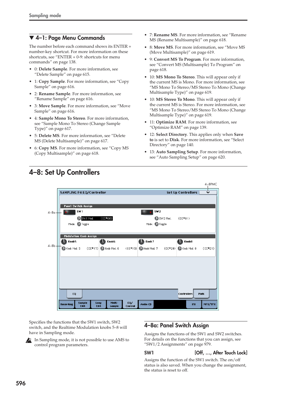 8: set up controllers, 8a: panel switch assign, 4–8: set up controllers | 4–8a: panel switch assign | KORG Electronic Keyboard User Manual | Page 606 / 1127