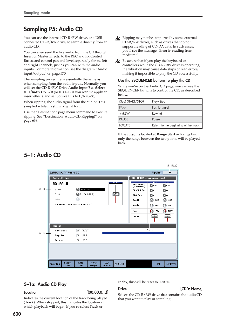 Sampling p5: audio cd, 1: audio cd, 1a: audio cd play | 5–1: audio cd, 5–1a: audio cd play | KORG Electronic Keyboard User Manual | Page 610 / 1127