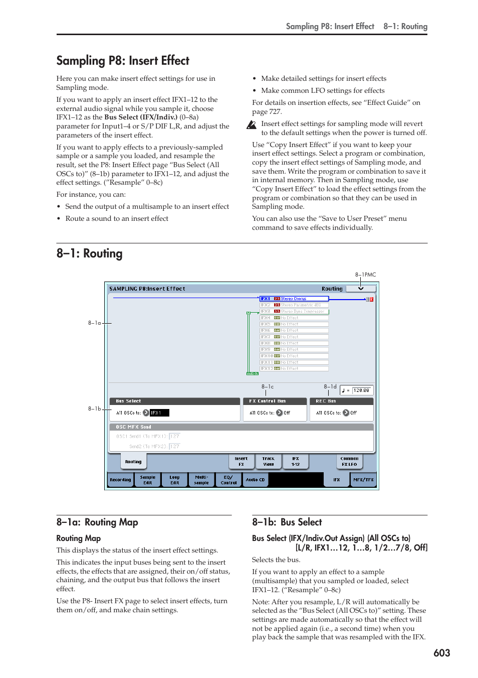 Sampling p8: insert effect, 1: routing, 1a: routing map | 1b: bus select, 8–1: routing, 8–1a: routing map, 8–1b: bus select | KORG Electronic Keyboard User Manual | Page 613 / 1127