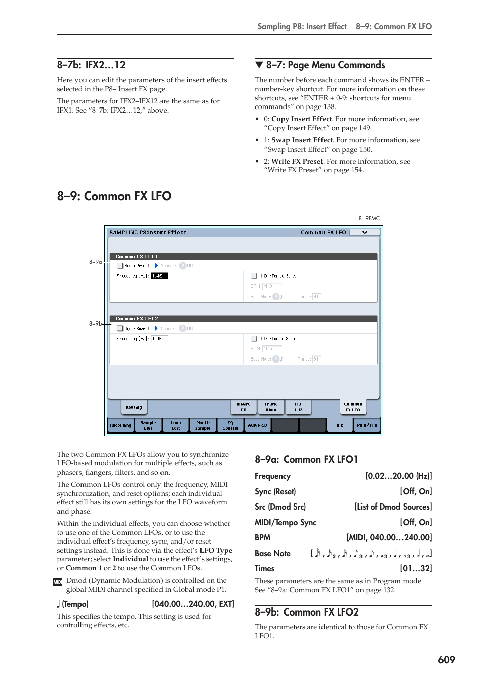 7b: ifx2…12, 9: common fx lfo, 9a: common fx lfo1 | 9b: common fx lfo2, 8–9: common fx lfo, 8–7: page menu commands, 8–9a: common fx lfo1, 8–9b: common fx lfo2 | KORG Electronic Keyboard User Manual | Page 619 / 1127
