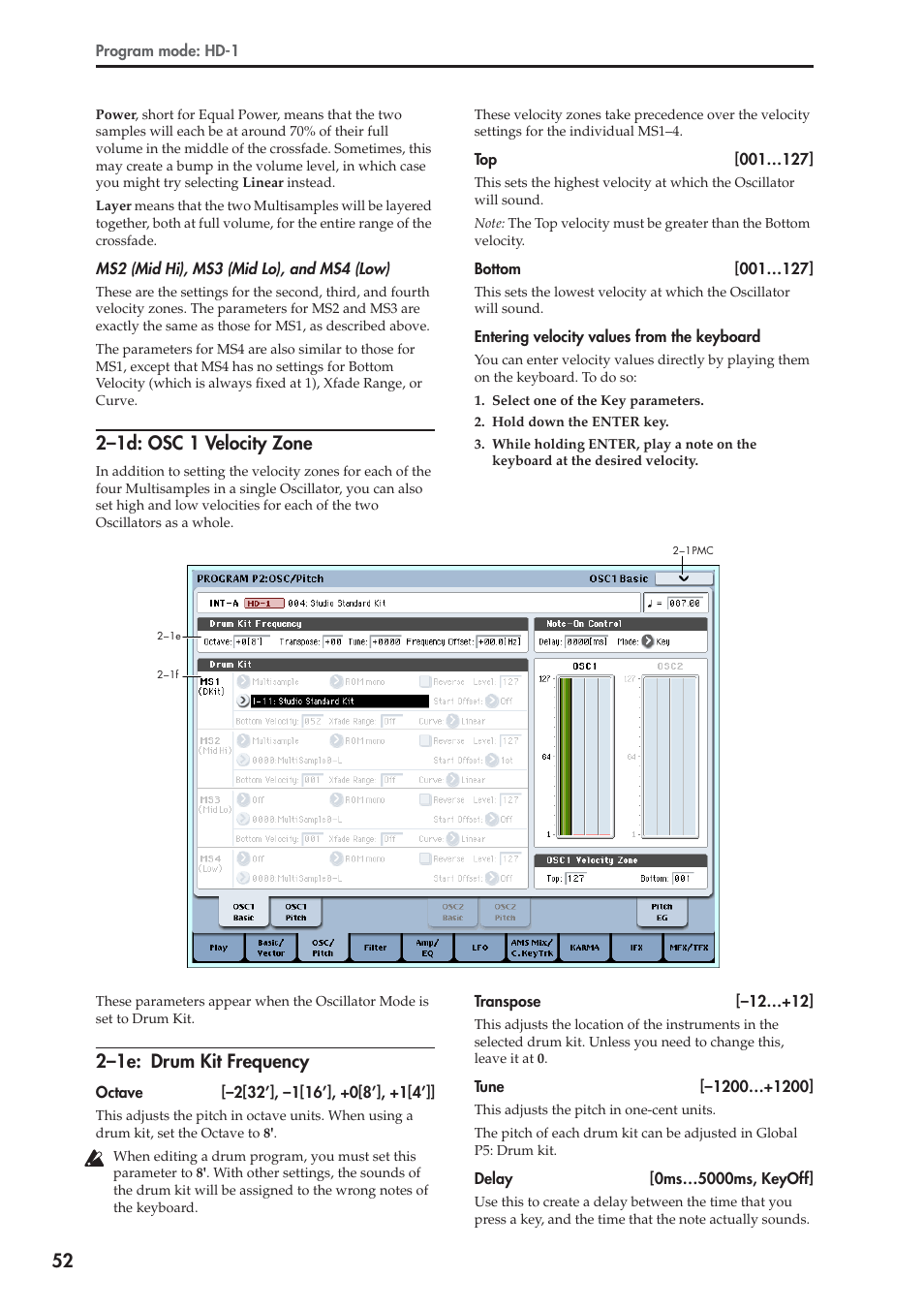 1d: osc 1 velocity zone, 1e: drum kit frequency, 2–1d: osc 1 velocity zone | 2–1e: drum kit frequency | KORG Electronic Keyboard User Manual | Page 62 / 1127