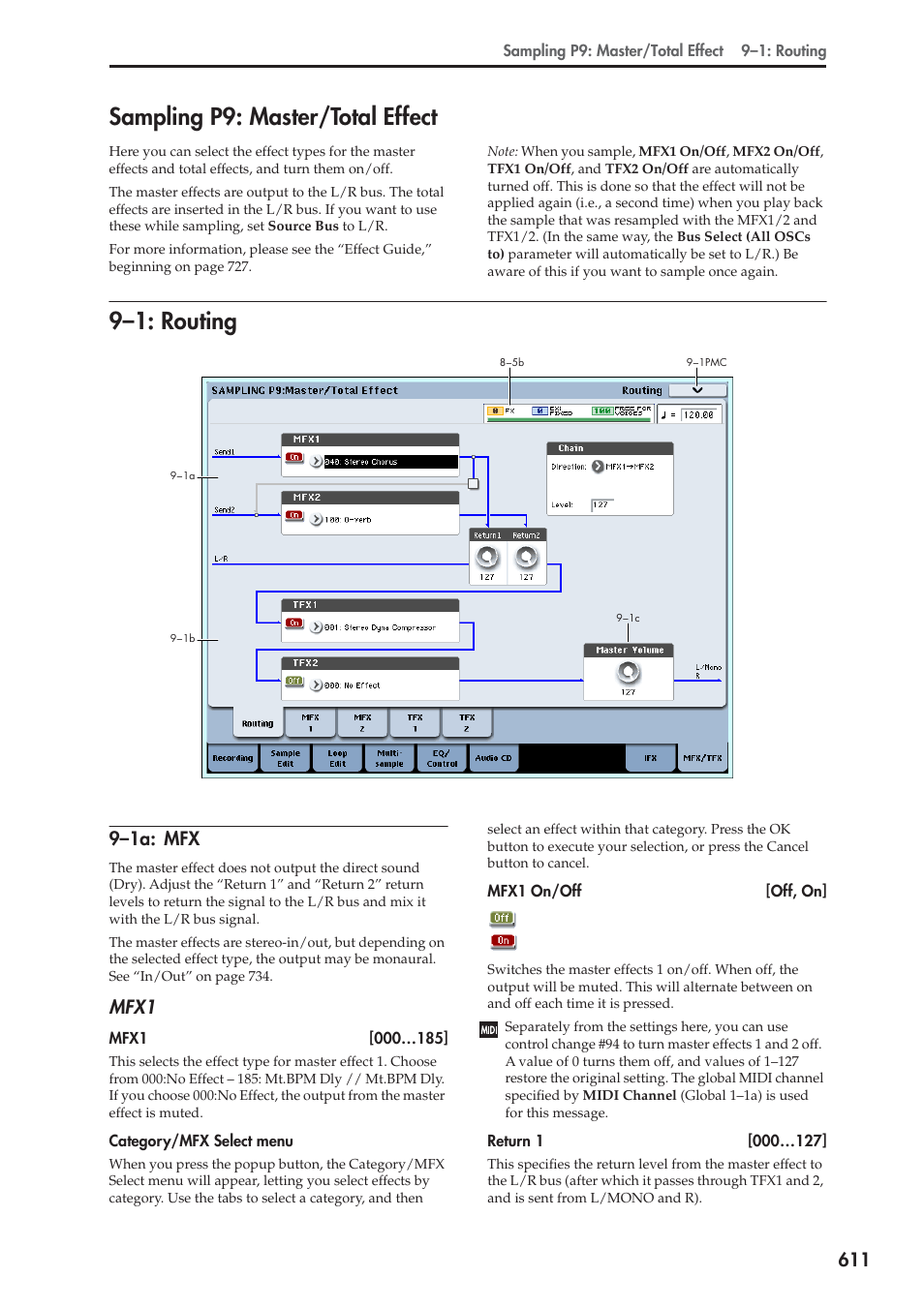 Sampling p9: master/total effect, 1: routing, 1a: mfx | 9–1: routing, 9–1a: mfx, Mfx1 | KORG Electronic Keyboard User Manual | Page 621 / 1127