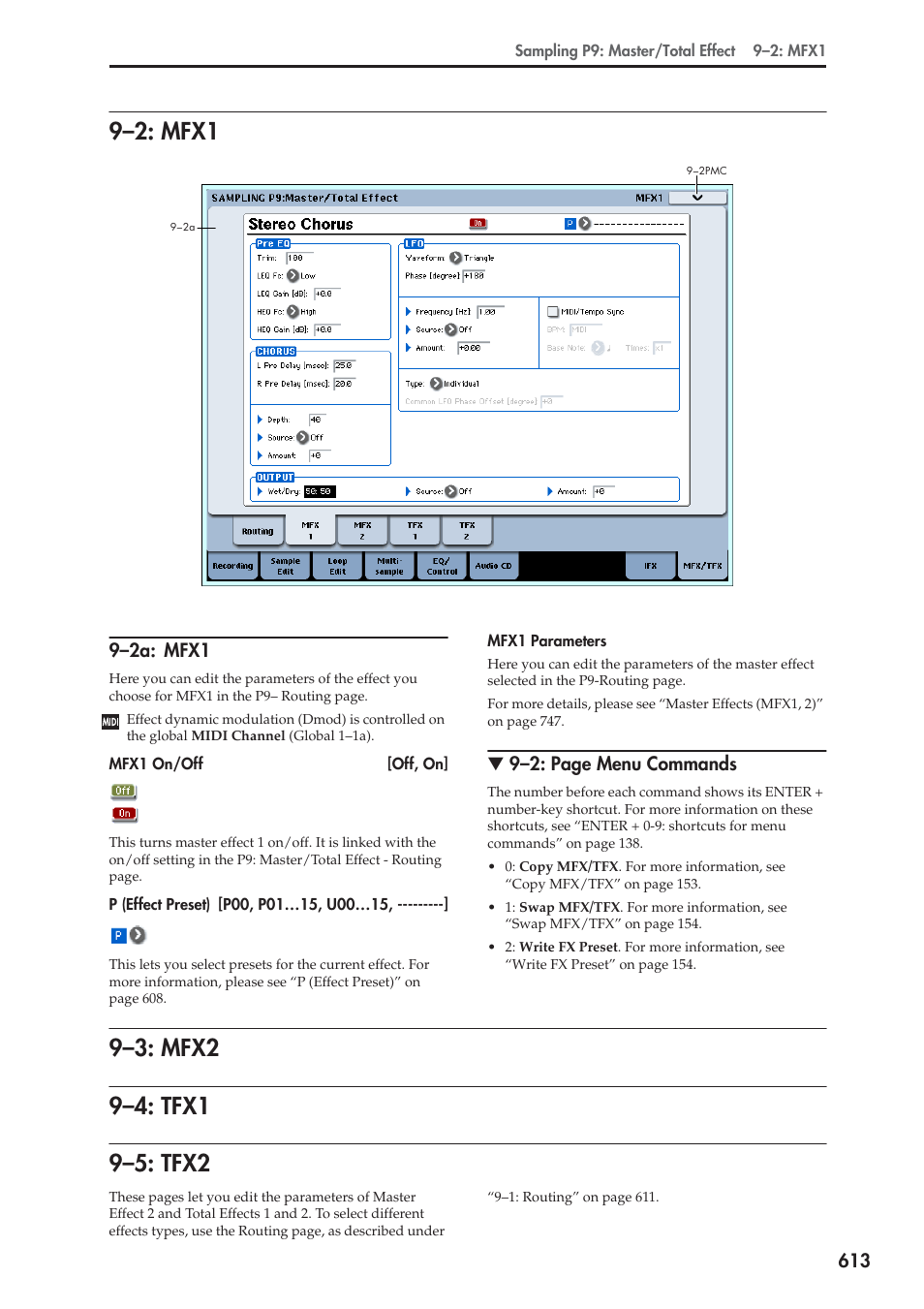 2: mfx1, 2a: mfx1, 3: mfx2 | 4: tfx1, 5: tfx2, 9–2: mfx1 9–3: mfx2 9–4: tfx1 9–5: tfx2, 9–2: mfx1 | KORG Electronic Keyboard User Manual | Page 623 / 1127