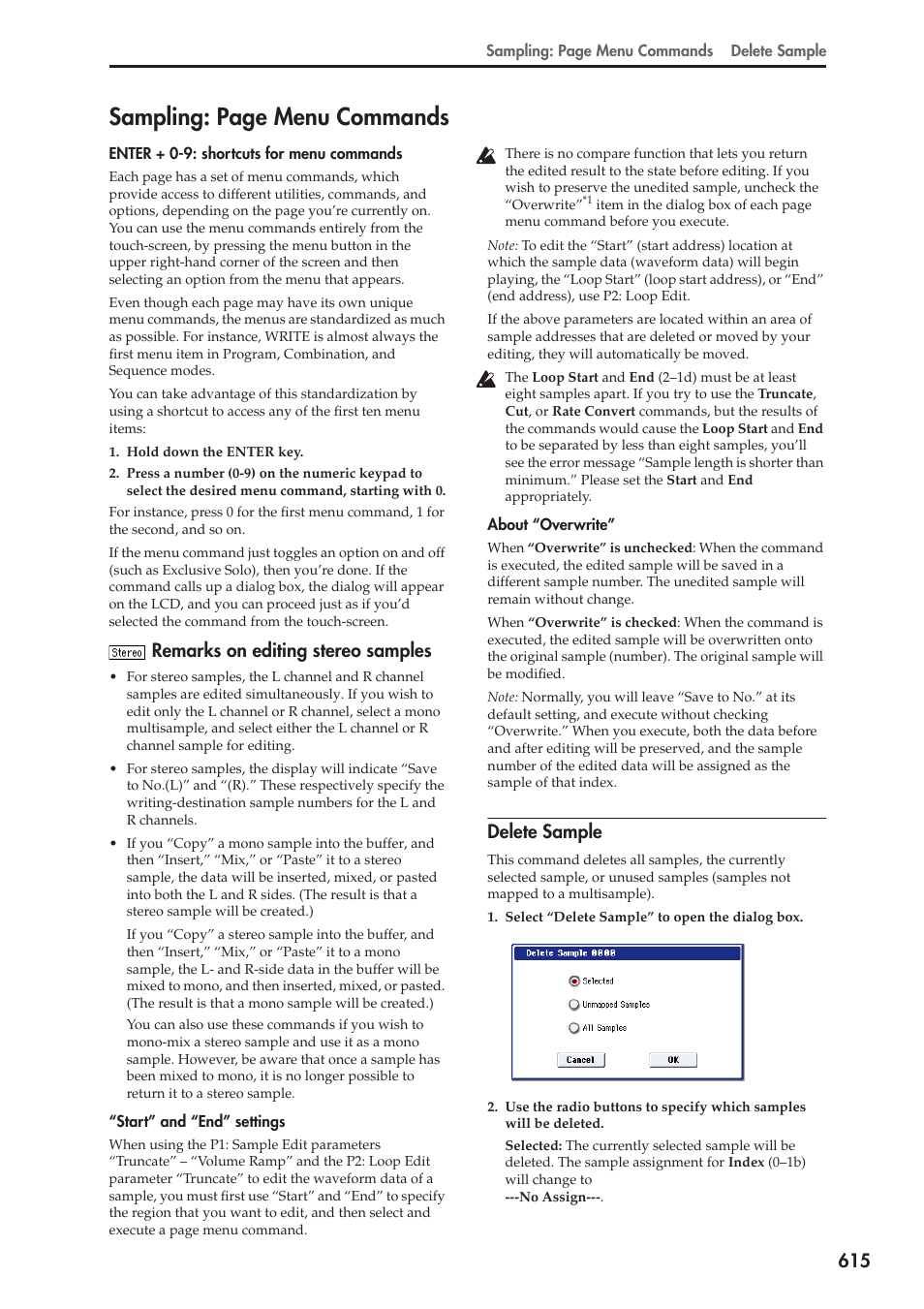 Remarks on editing stereo samples, Delete sample, Sampling: page menu commands | KORG Electronic Keyboard User Manual | Page 625 / 1127