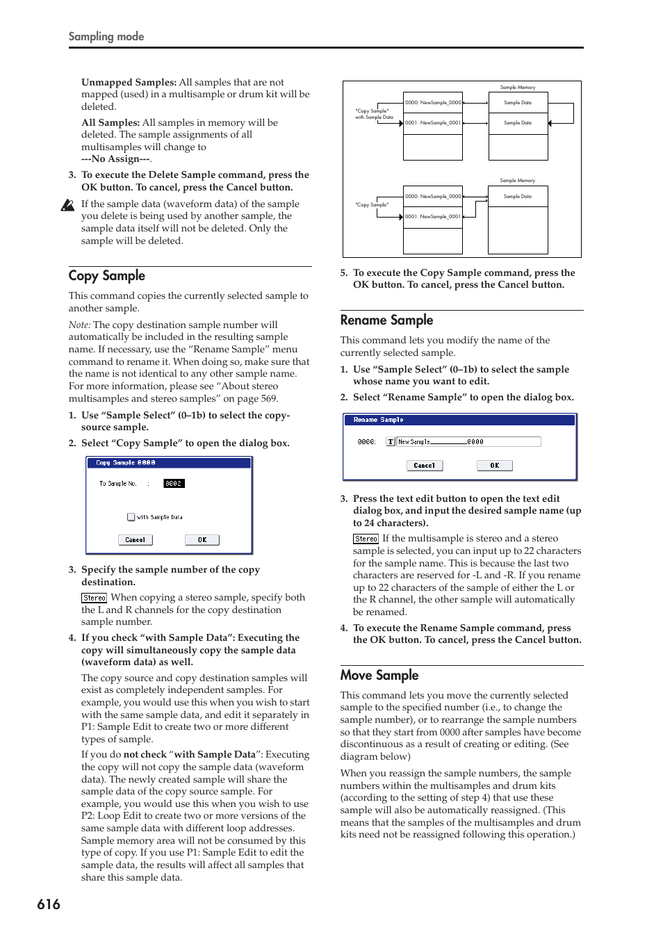 Copy sample, Rename sample, Move sample | For more information, see “copy, For more information, see “move | KORG Electronic Keyboard User Manual | Page 626 / 1127