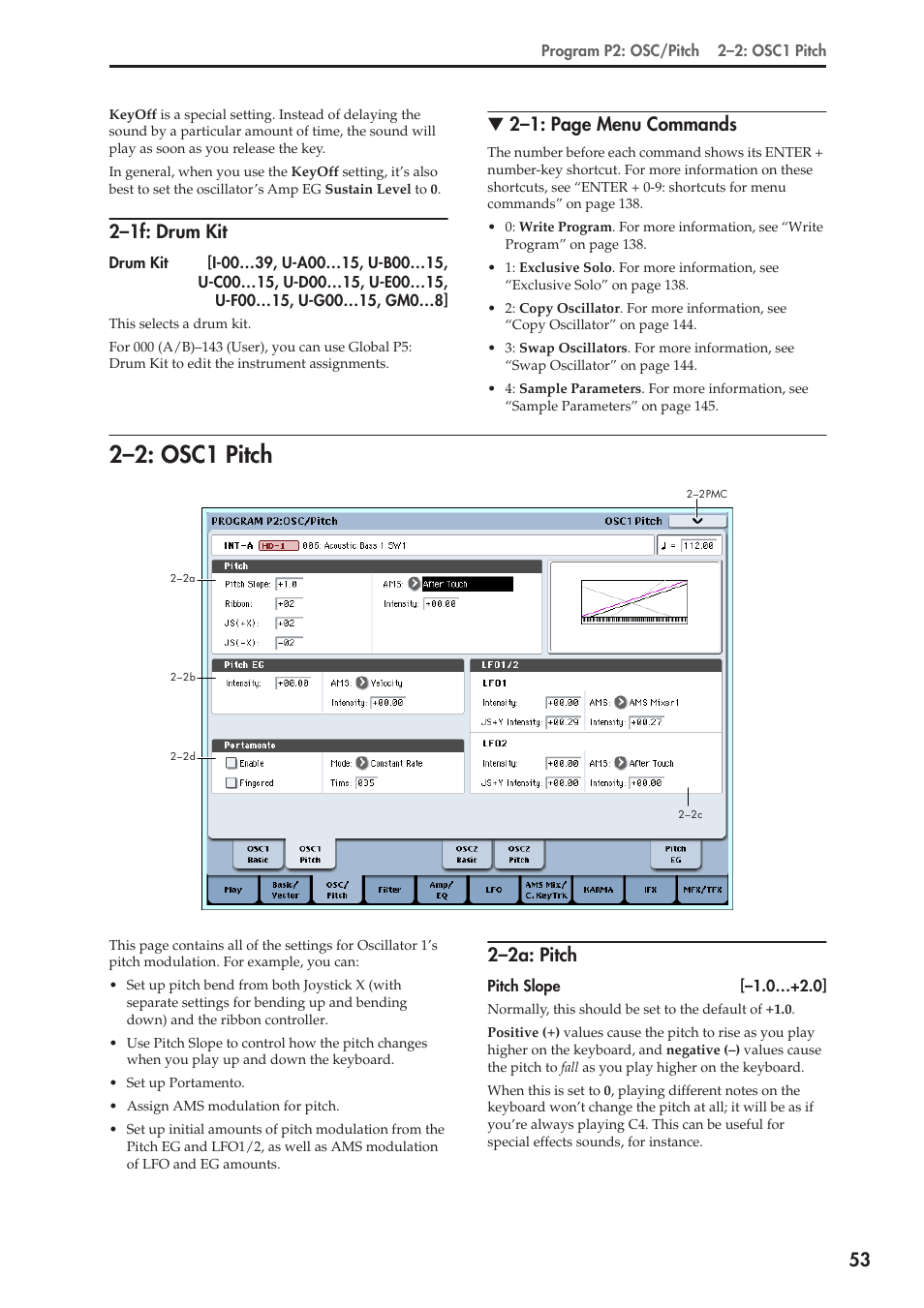 1f: drum kit, 2: osc1 pitch, 2a: pitch | 2–2: osc1 pitch, 2–1f: drum kit, 2–1: page menu commands, 2–2a: pitch | KORG Electronic Keyboard User Manual | Page 63 / 1127