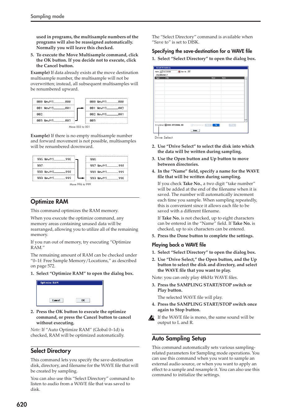 Optimize ram, Select directory, Auto sampling setup | KORG Electronic Keyboard User Manual | Page 630 / 1127