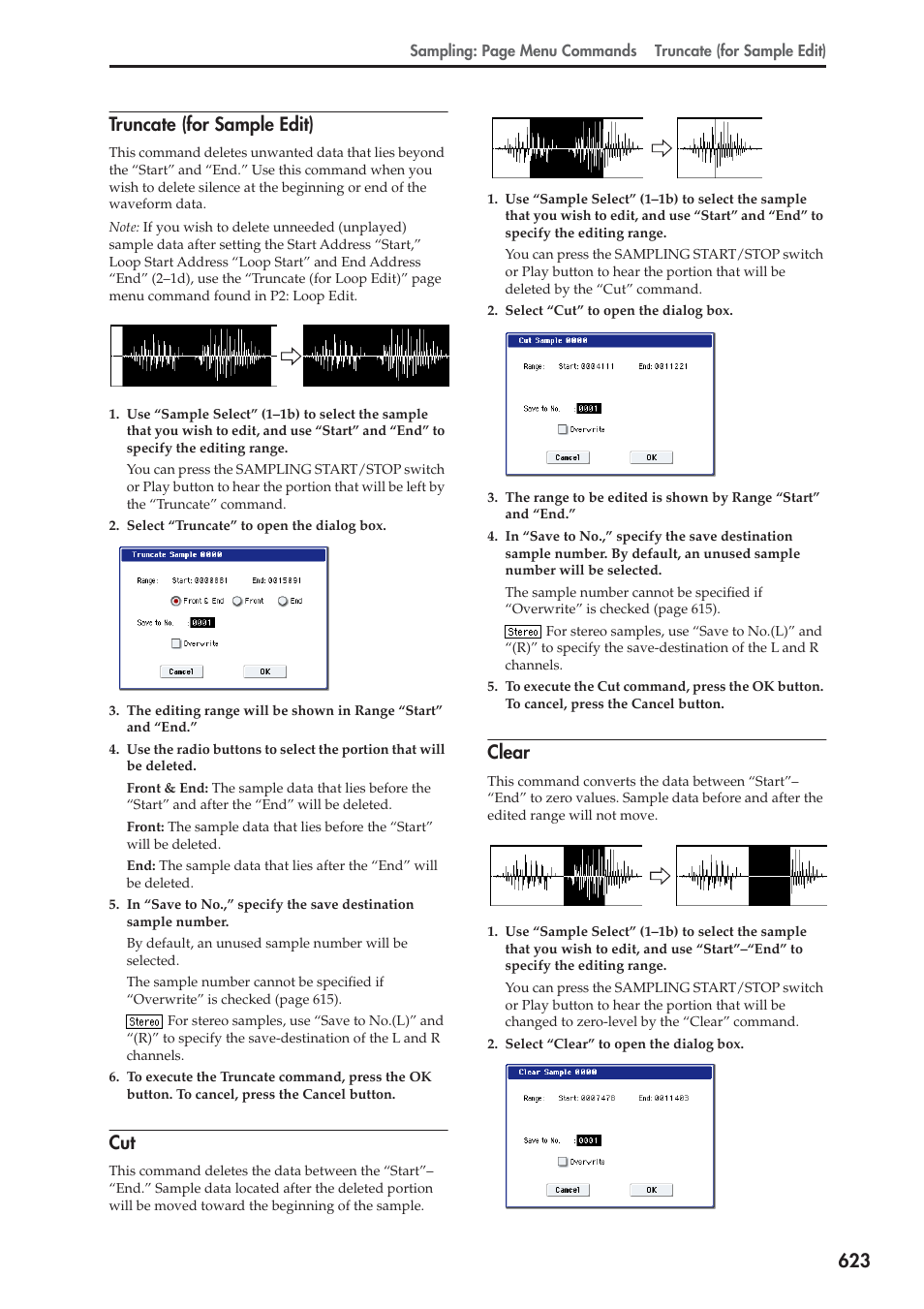 Truncate (for sample edit), Clear, Truncate (for sample edit),” “t | For more information, see “truncate, For more information, see “cut” on, For more information, see “clear” on, 623 truncate (for sample edit) | KORG Electronic Keyboard User Manual | Page 633 / 1127
