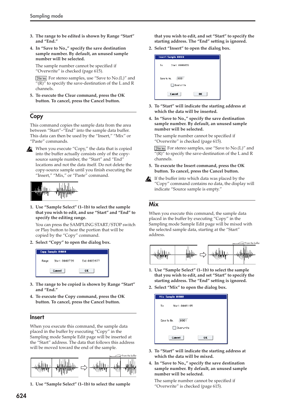 Copy, Insert, For more information, see “copy” on | For more information, see “insert” on, For more information, see “mix” on | KORG Electronic Keyboard User Manual | Page 634 / 1127