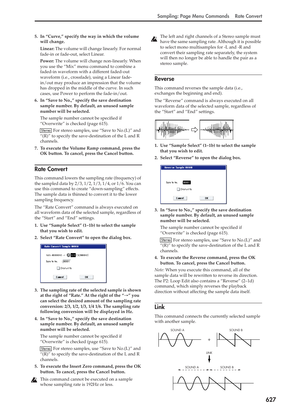 Rate convert, Reverse, Link | For more information, see “rate, For more information, see “reverse, For more information, see “link” on | KORG Electronic Keyboard User Manual | Page 637 / 1127