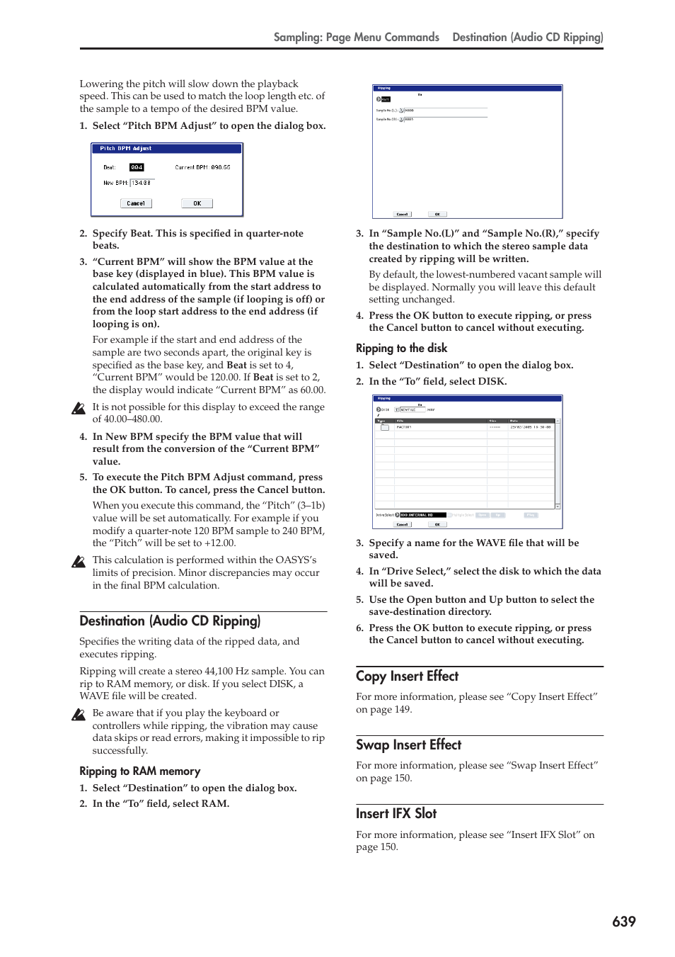Destination (audio cd ripping), Copy insert effect, Swap insert effect | Insert ifx slot | KORG Electronic Keyboard User Manual | Page 649 / 1127