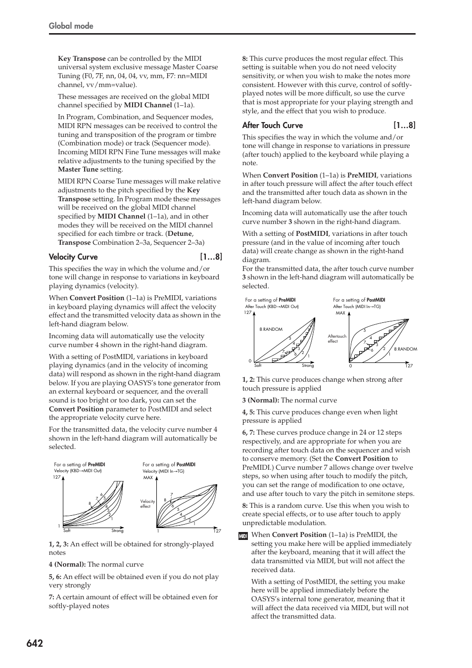 Global mode, Velocity curve [1…8, After touch curve [1…8 | KORG Electronic Keyboard User Manual | Page 652 / 1127