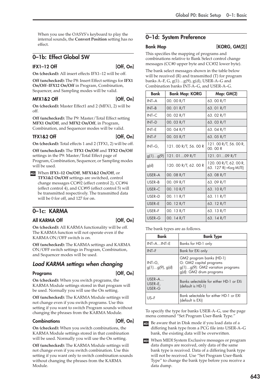 1b: effect global sw, 1c: karma, 1d: system preference | 0–1b: effect global sw, 0–1c: karma, Load karma settings when changing, 0–1d: system preference | KORG Electronic Keyboard User Manual | Page 653 / 1127