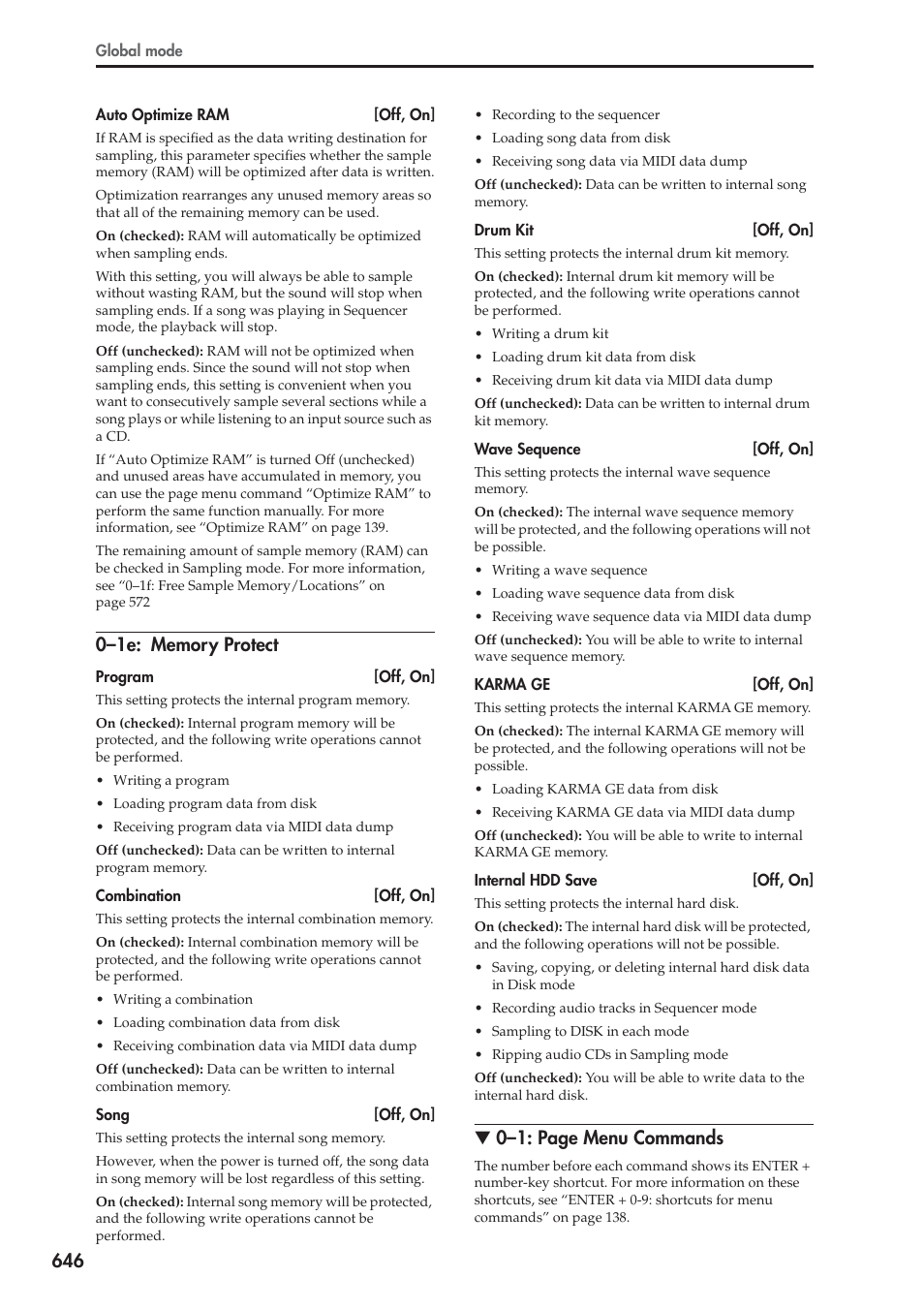 1e: memory protect, 0–1: page menu commands | KORG Electronic Keyboard User Manual | Page 656 / 1127