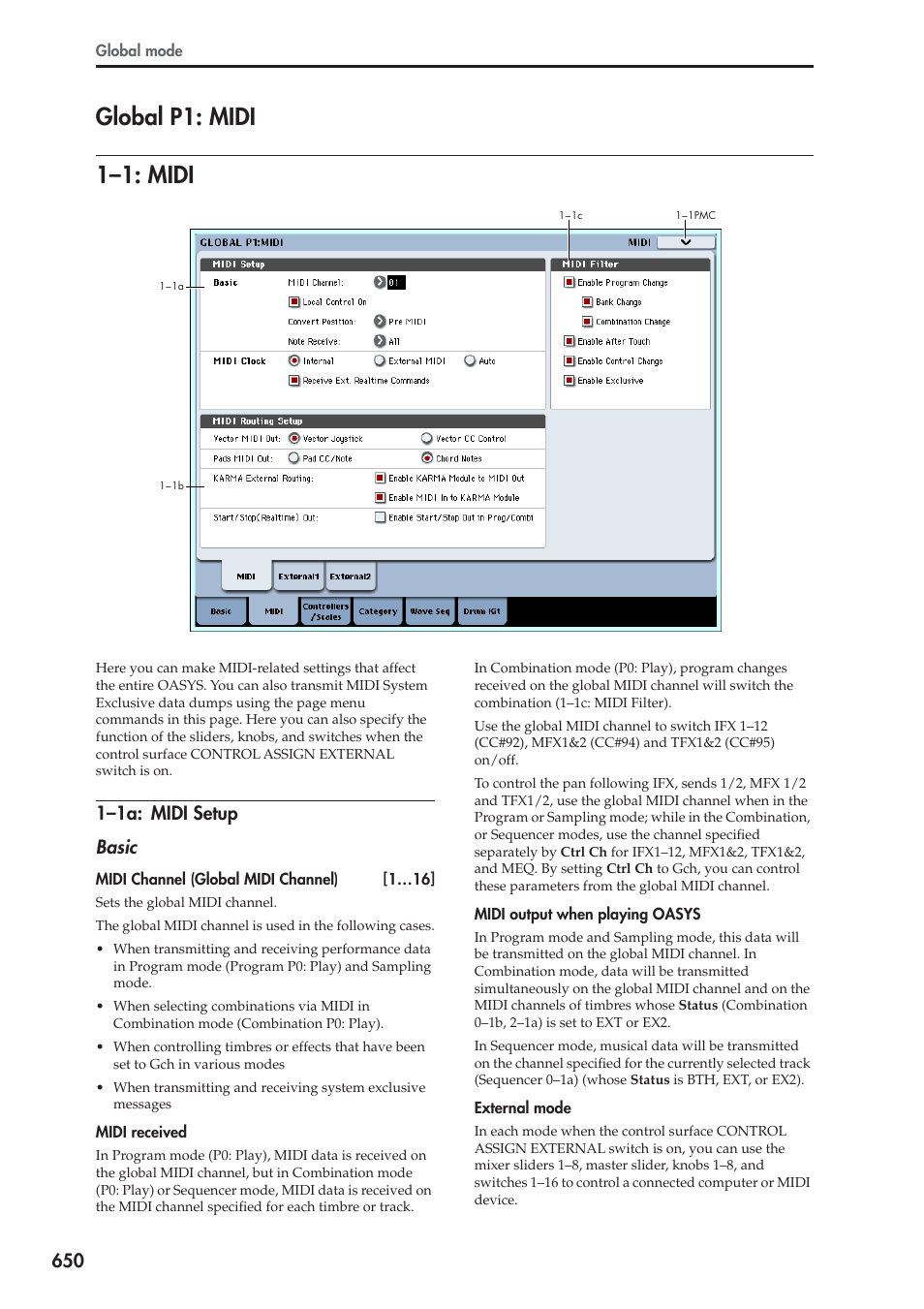 Global p1: midi, 1: midi, 1a: midi setup | 1–1: midi, Global p1: midi 1–1: midi, 1–1a: midi setup basic | KORG Electronic Keyboard User Manual | Page 660 / 1127