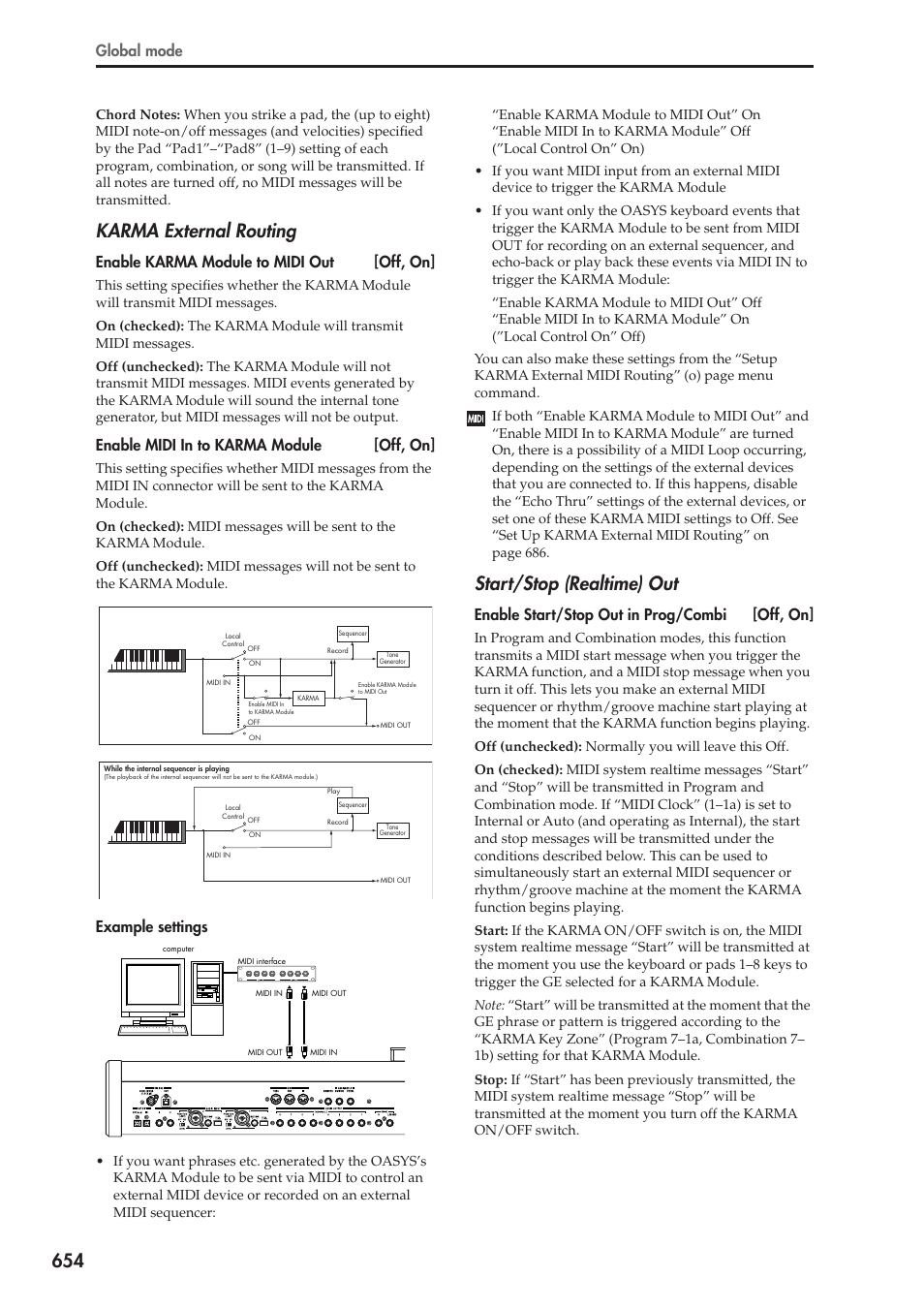 Karma external routing, Start/stop (realtime) out, Global mode | Enable karma module to midi out [off, on, Enable midi in to karma module [off, on, Example settings, Enable start/stop out in prog/combi [off, on | KORG Electronic Keyboard User Manual | Page 664 / 1127
