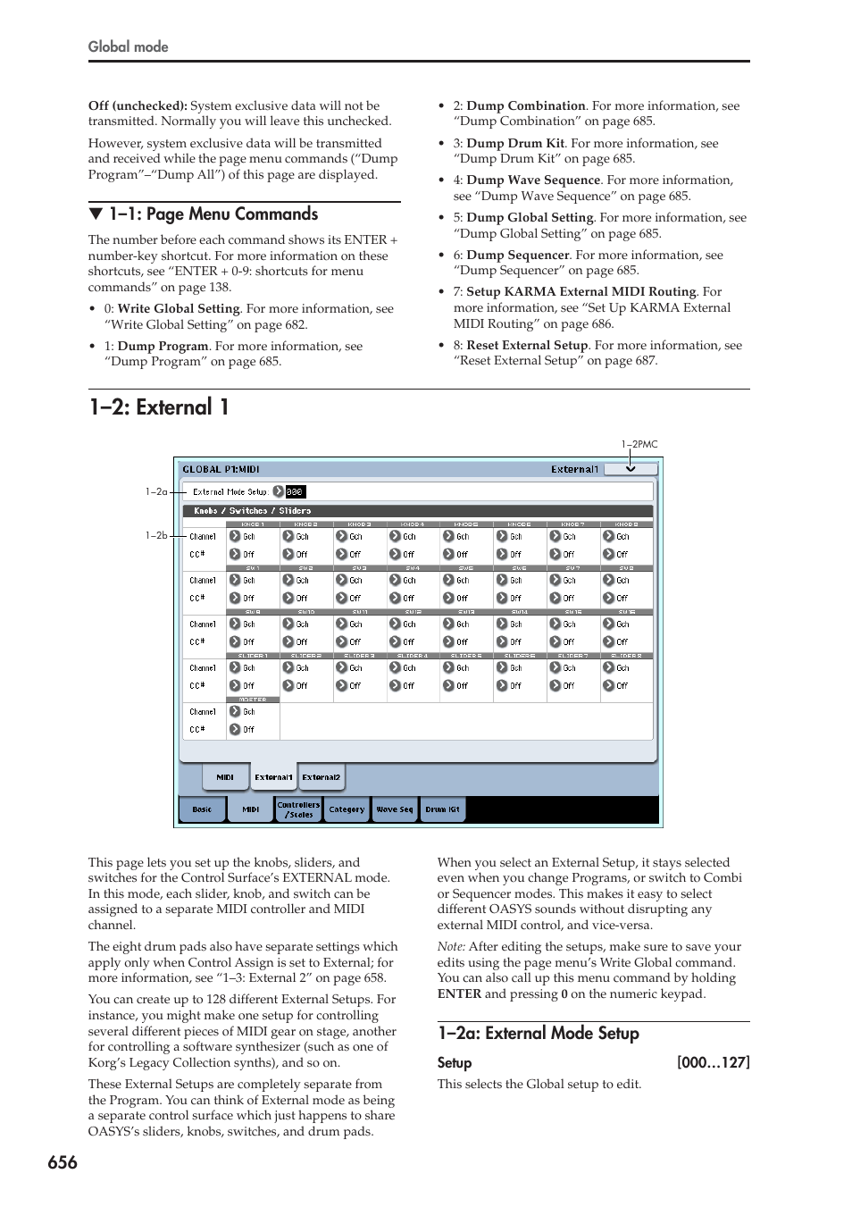 2: external 1, 2a: external mode setup, 1–2: external 1 | 1–1: page menu commands, 1–2a: external mode setup | KORG Electronic Keyboard User Manual | Page 666 / 1127