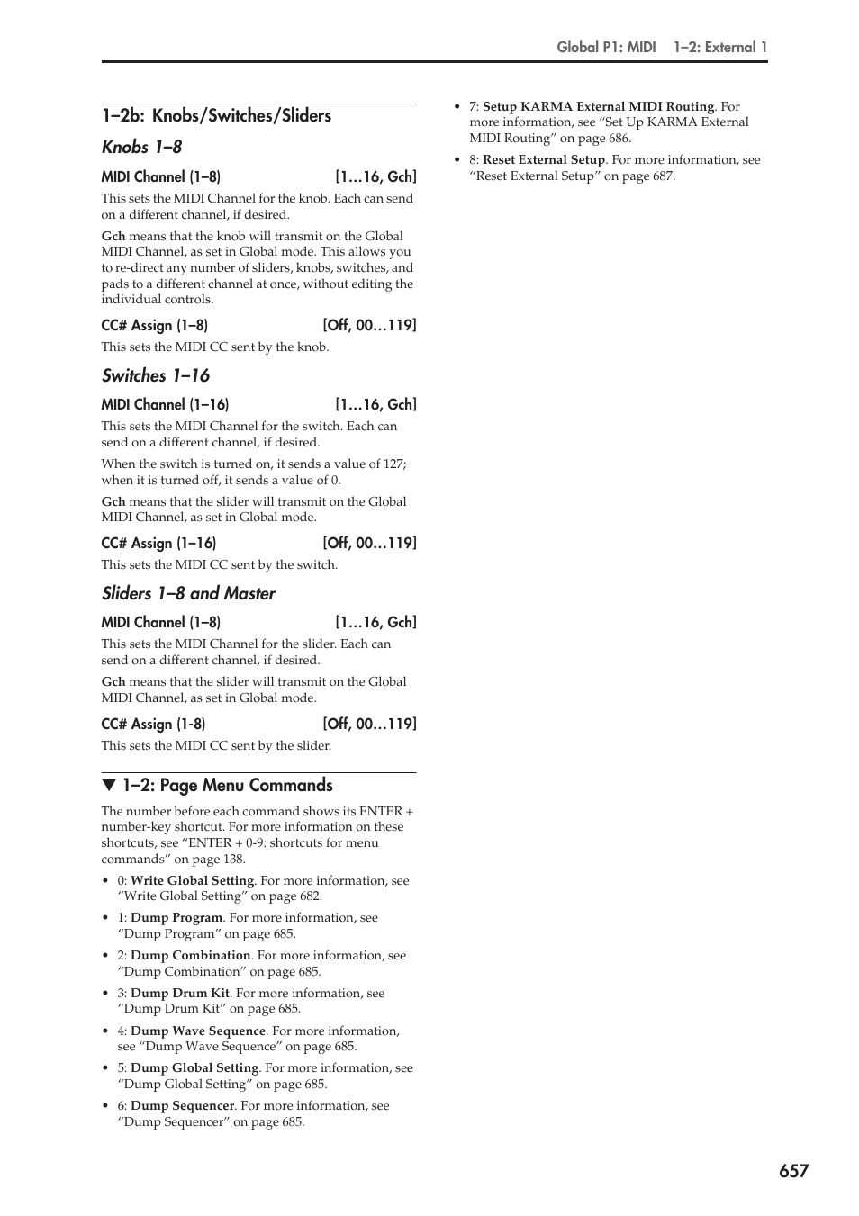 2b: knobs/switches/sliders, Switches 1–16, Sliders 1–8 and master | 1–2: page menu commands | KORG Electronic Keyboard User Manual | Page 667 / 1127